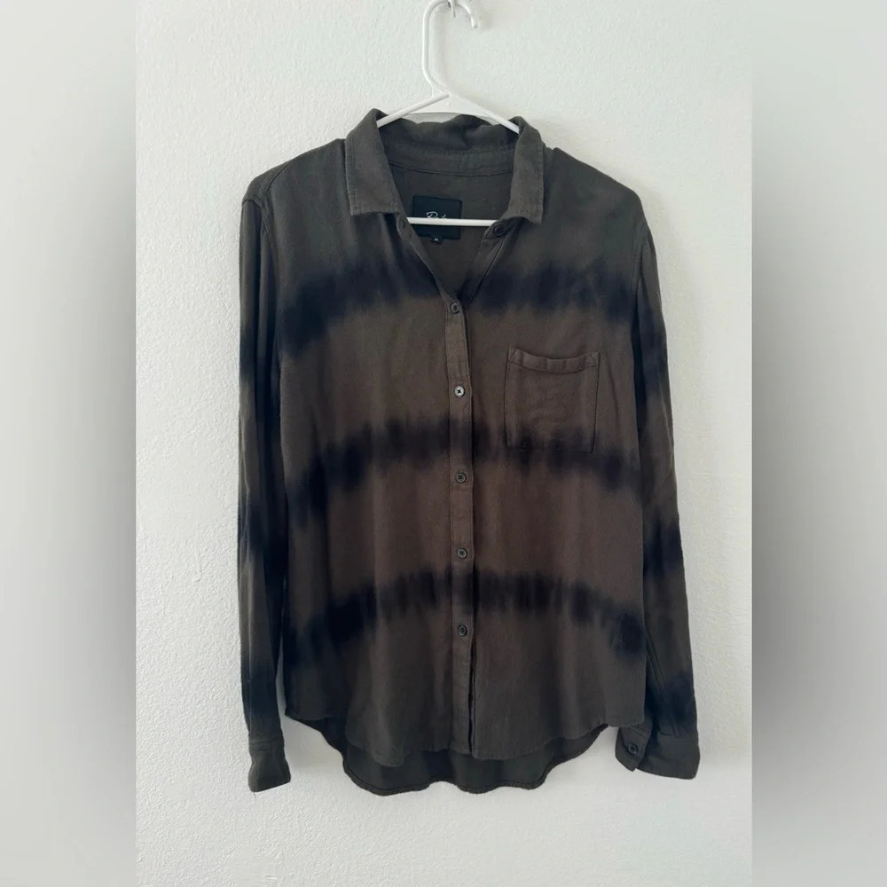 Rails Hunter Tie Dye Herringbone Button Up Shirt Olive Green Black Waves Medium